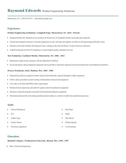 Product Engineering Technician Resume
