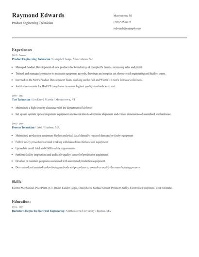 Product Engineering Technician Resume