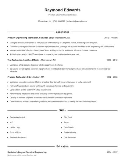 Product Engineering Technician Resume