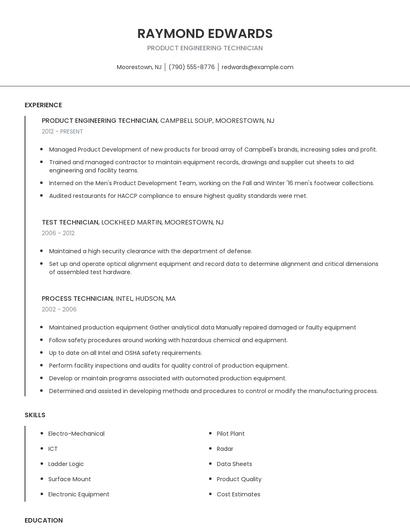 Product Engineering Technician Resume