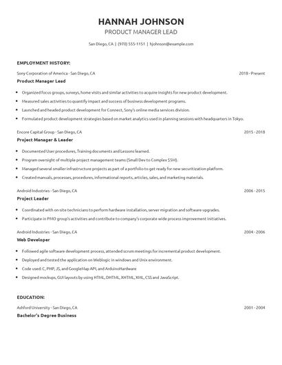Product Manager Lead Resume