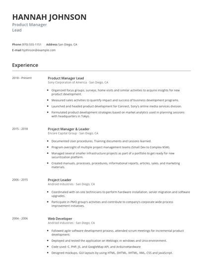 Product Manager Lead Resume