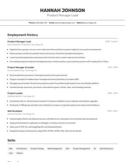 Product Manager Lead Resume