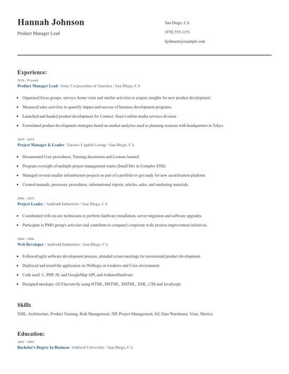 Product Manager Lead Resume