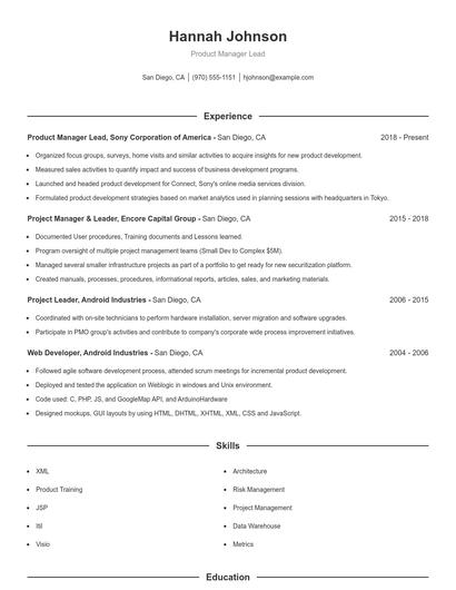 Product Manager Lead Resume