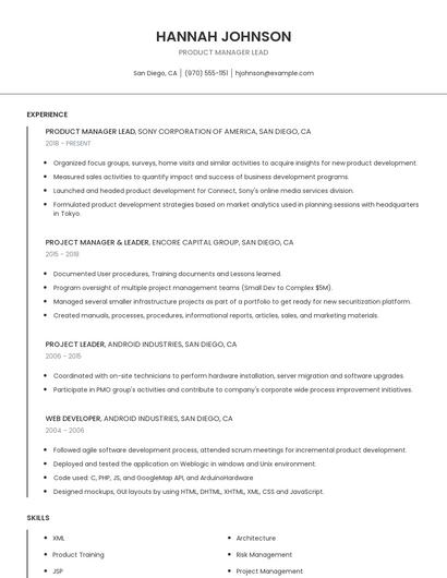 Product Manager Lead Resume