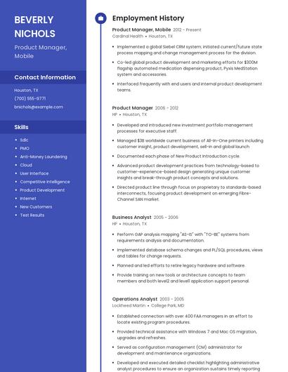 Product Manager, Mobile Resume