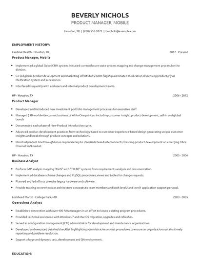 Product Manager, Mobile Resume