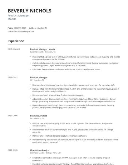 Product Manager, Mobile Resume