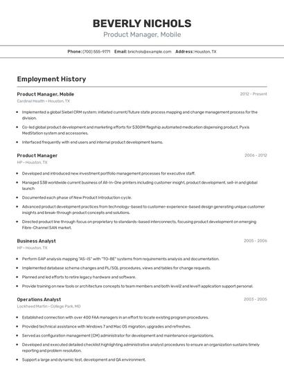 Product Manager, Mobile Resume