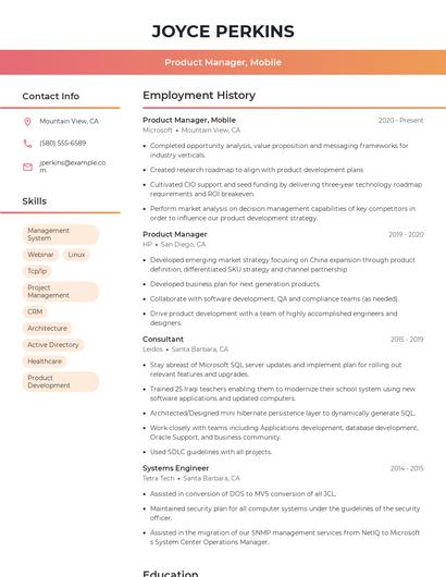 Product Manager, Mobile Resume