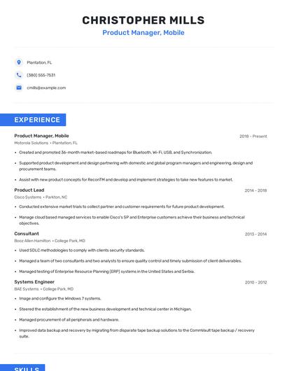 Product Manager, Mobile Resume