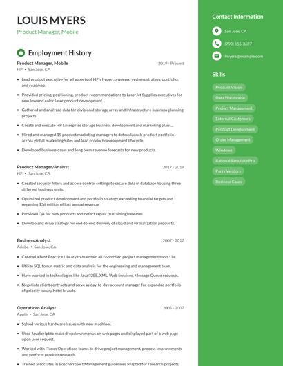 Product Manager, Mobile Resume