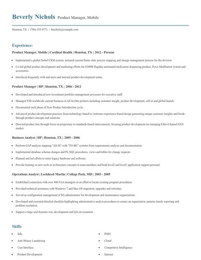 Product Manager, Mobile Resume