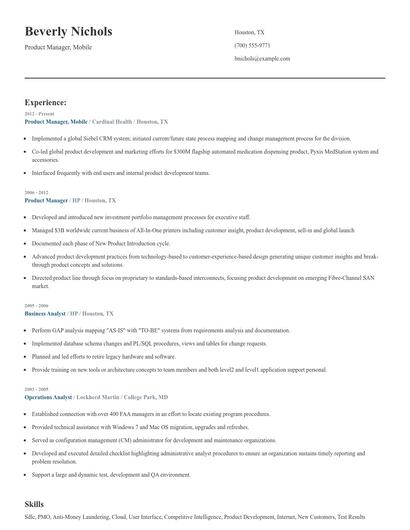 Product Manager, Mobile Resume