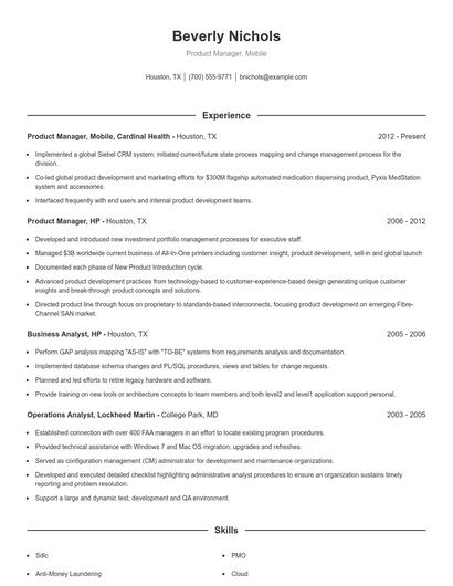 Product Manager, Mobile Resume