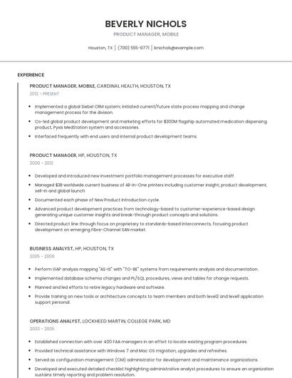 Product Manager, Mobile Resume