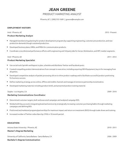 Product Marketing Analyst Resume