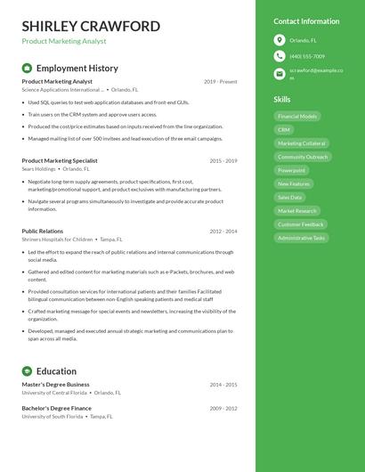 Product Marketing Analyst Resume