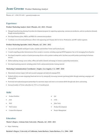 Product Marketing Analyst Resume