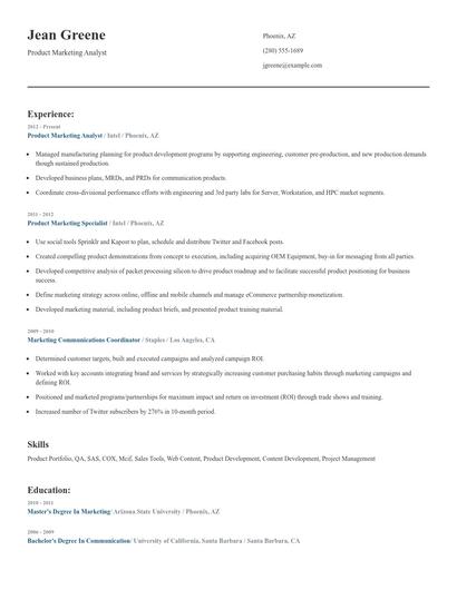 Product Marketing Analyst Resume