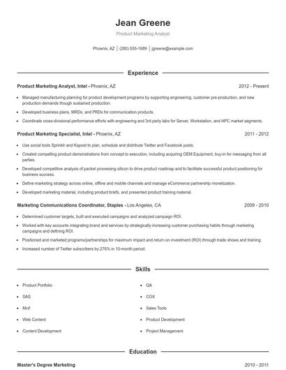 Product Marketing Analyst Resume
