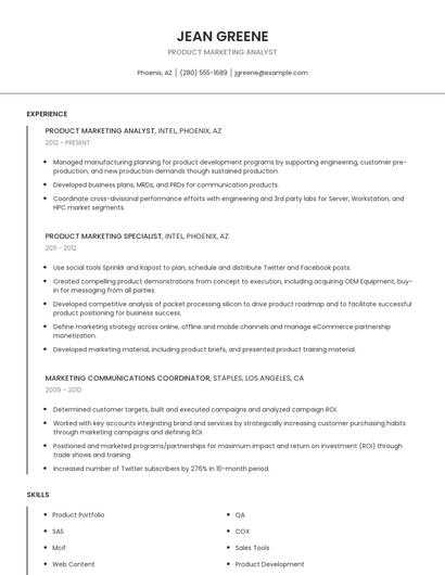 Product Marketing Analyst Resume