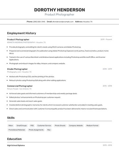 Product Photographer Resume