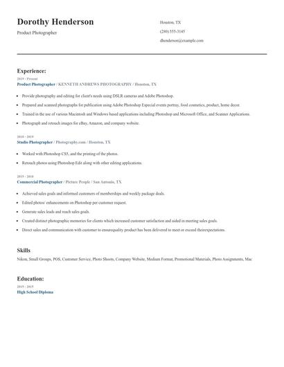 Product Photographer Resume
