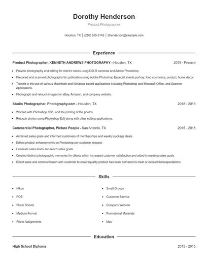 Product Photographer Resume