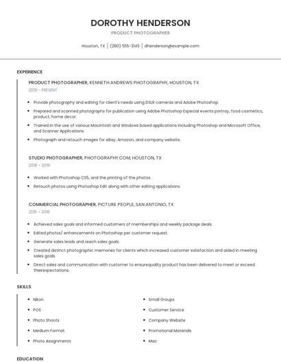 Product Photographer Resume