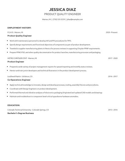 Product Quality Engineer Resume