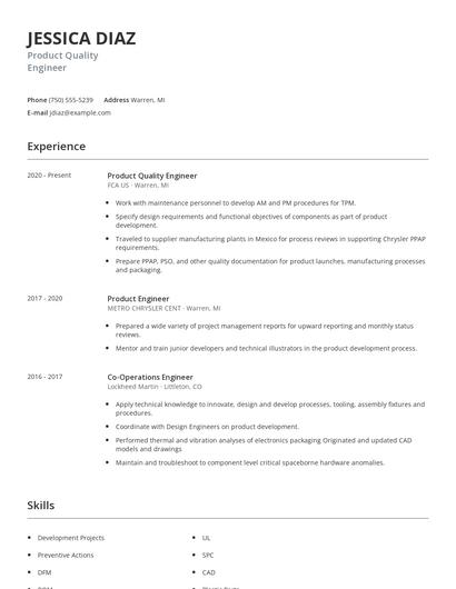 Product Quality Engineer Resume