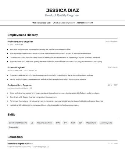 Product Quality Engineer Resume