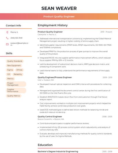Product Quality Engineer Resume
