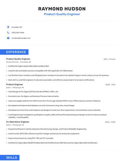 Product Quality Engineer Resume