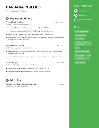 Product Quality Engineer Resume