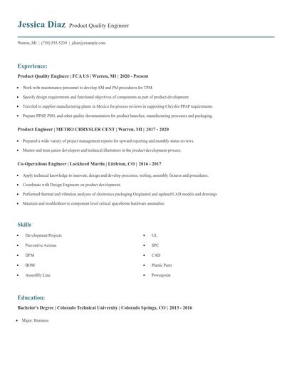 Product Quality Engineer Resume