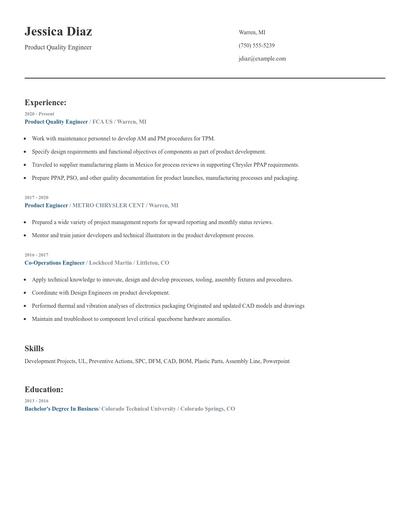 Product Quality Engineer Resume