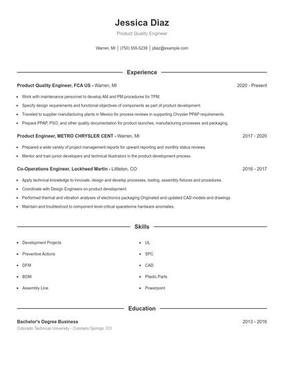 Product Quality Engineer Resume