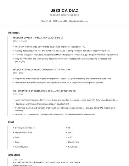 Product Quality Engineer Resume