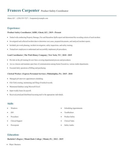 Product Safety Coordinator Resume