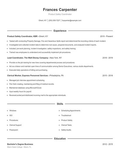 Product Safety Coordinator Resume