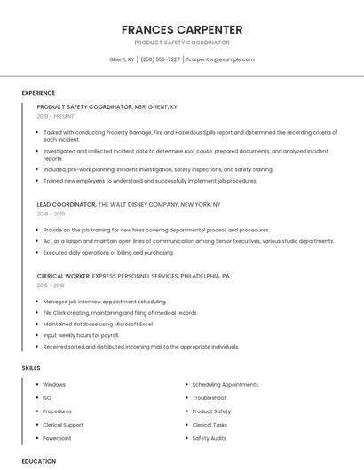 Product Safety Coordinator Resume