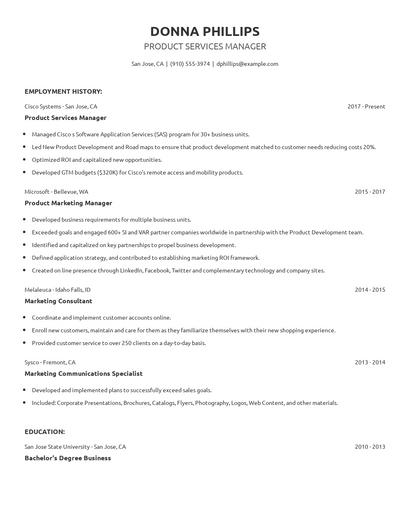Product Services Manager Resume
