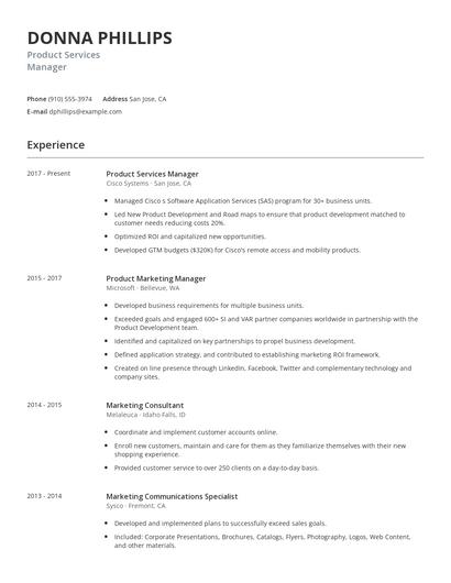 Product Services Manager Resume