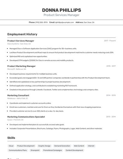 Product Services Manager Resume
