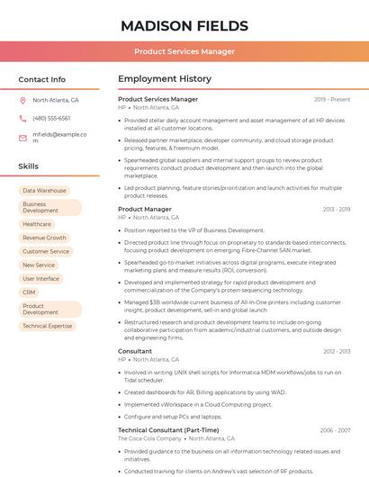 Product Services Manager Resume