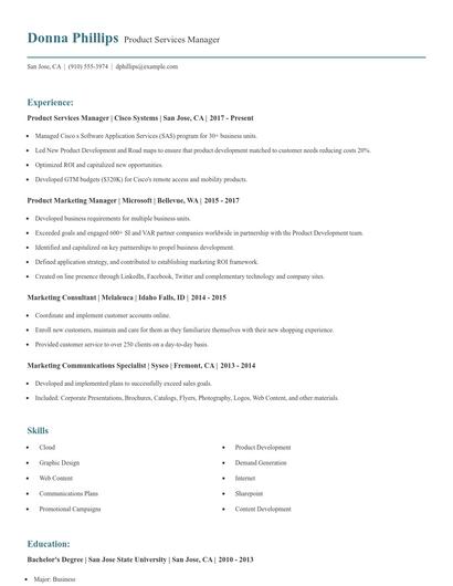 Product Services Manager Resume