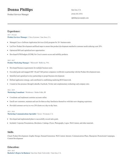 Product Services Manager Resume